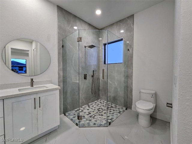 bathroom featuring vanity, toilet, and a shower with door