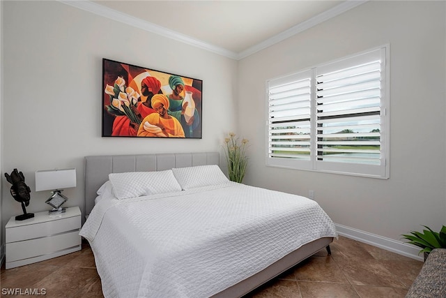 tiled bedroom featuring crown molding