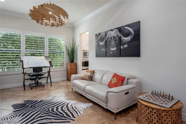 living room with ornamental molding and light tile flooring