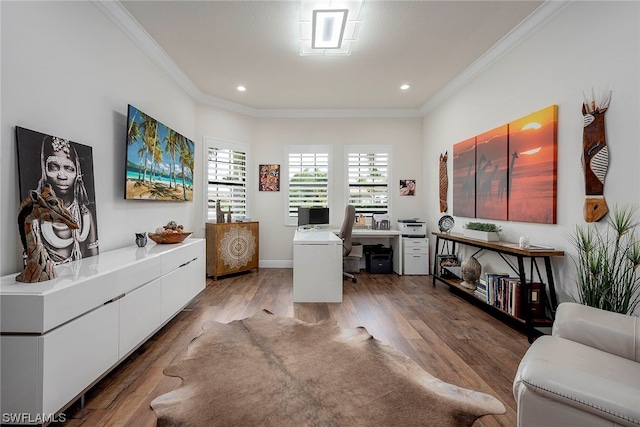 office space featuring ornamental molding and hardwood / wood-style flooring