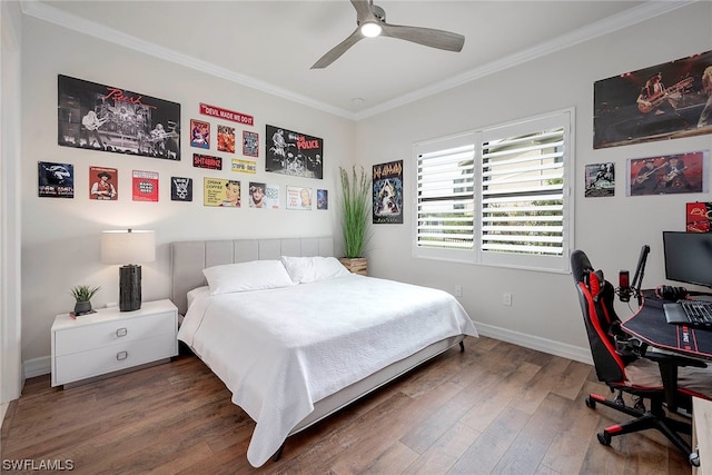 bedroom featuring crown molding, ceiling fan, and dark hardwood / wood-style flooring