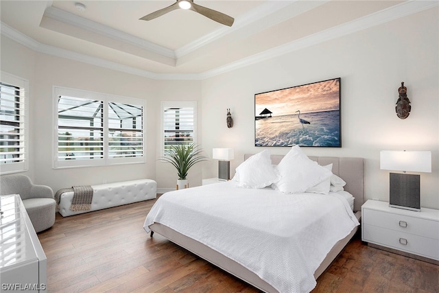 bedroom with a raised ceiling, multiple windows, and dark wood-type flooring