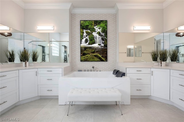 bathroom featuring crown molding, tile floors, and double sink vanity