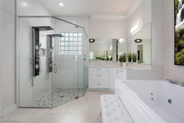 bathroom with tile flooring, large vanity, plus walk in shower, and ornamental molding