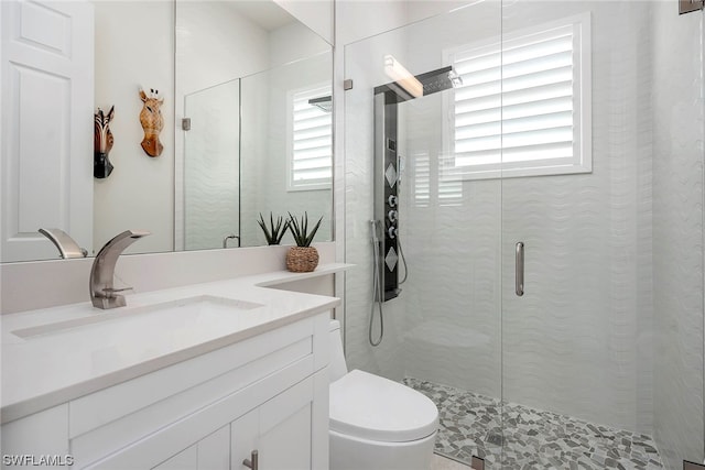 bathroom with an enclosed shower, toilet, oversized vanity, and a wealth of natural light