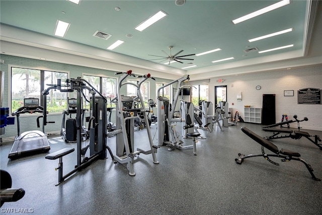 workout area with ceiling fan