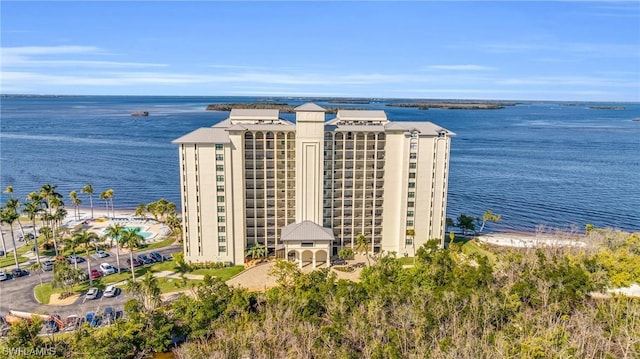 drone / aerial view featuring a water view