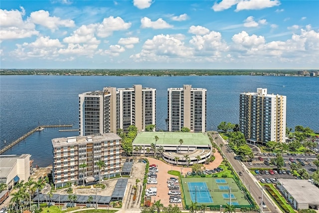 bird's eye view with a water view