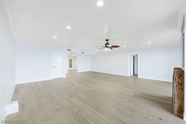 unfurnished living room featuring crown molding, ceiling fan, and light wood-type flooring