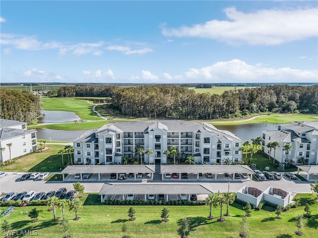 bird's eye view with a water view