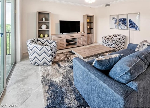 tiled living room with crown molding