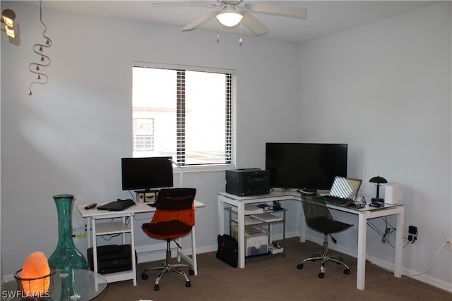 office space with carpet flooring and ceiling fan