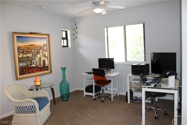 office with ceiling fan and dark colored carpet