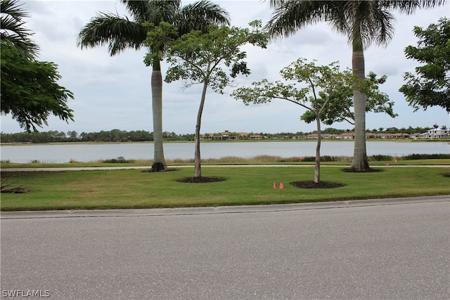 exterior space featuring a water view and a yard