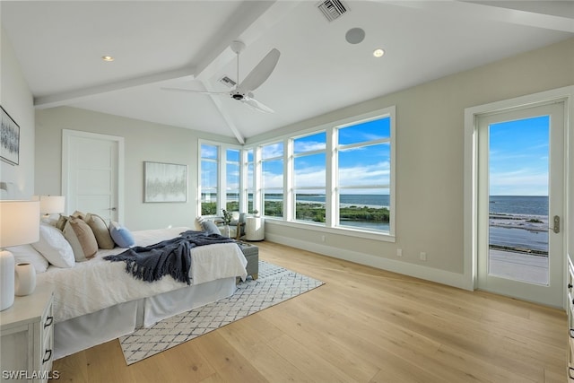 bedroom with access to outside, vaulted ceiling with beams, ceiling fan, and a water view