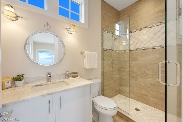 bathroom featuring vanity, an enclosed shower, and toilet