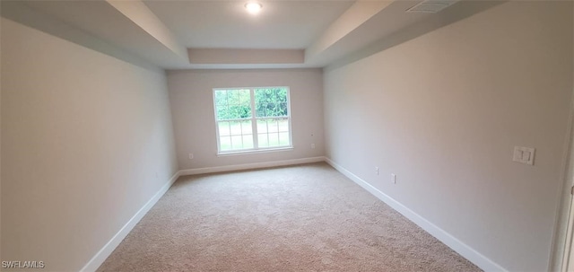 spare room with a tray ceiling and light colored carpet