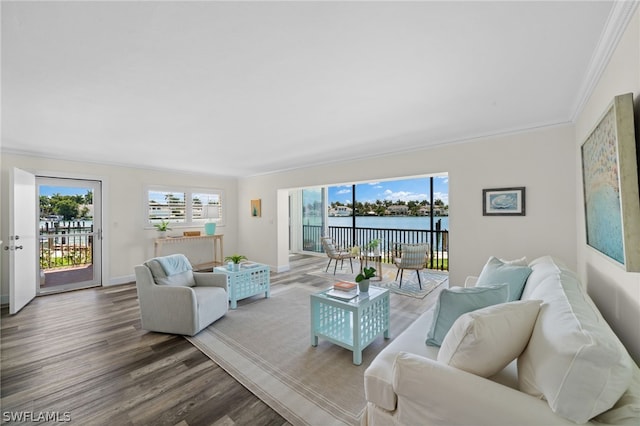 living room featuring wood-type flooring, a water view, and crown molding