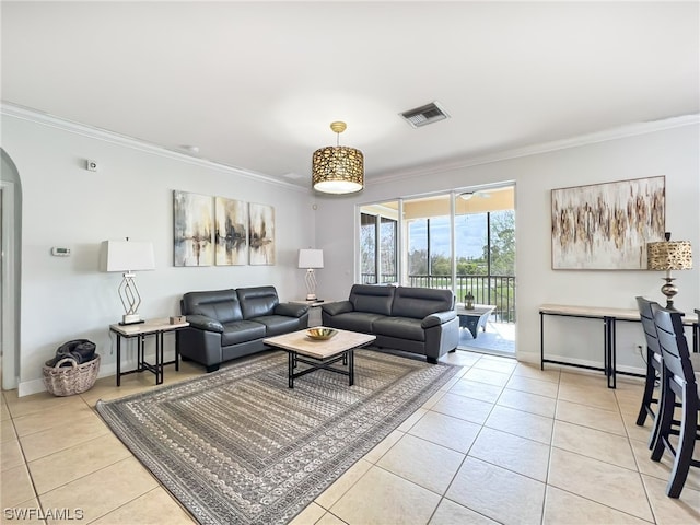 tiled living room with crown molding