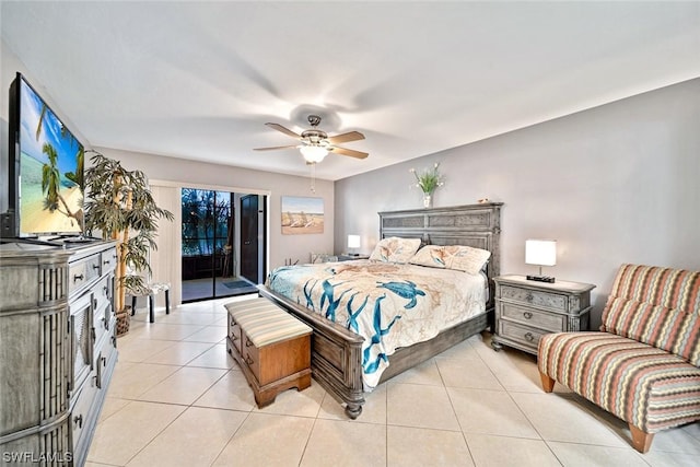 bedroom featuring access to exterior, ceiling fan, and light tile patterned flooring