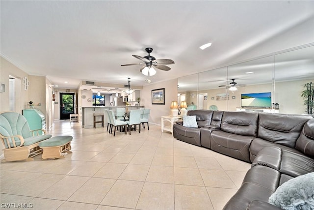 living room with light tile patterned floors and ceiling fan