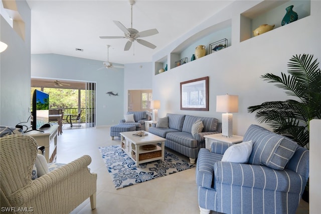 tiled living room with high vaulted ceiling, ceiling fan, and built in features