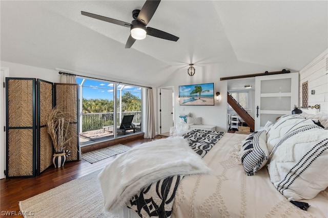 bedroom with lofted ceiling, access to outside, ceiling fan, and dark wood-type flooring