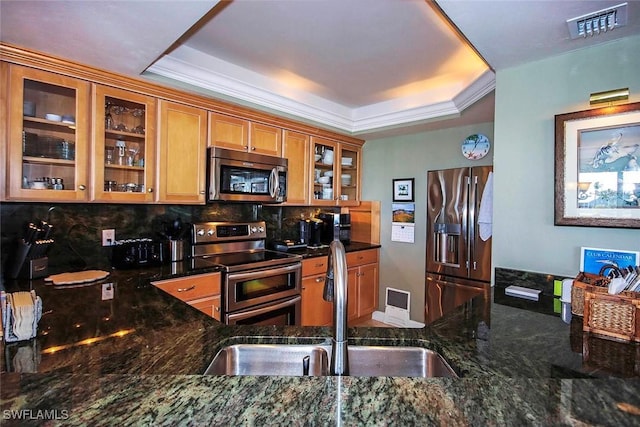 kitchen with backsplash, dark stone counters, a raised ceiling, sink, and stainless steel appliances