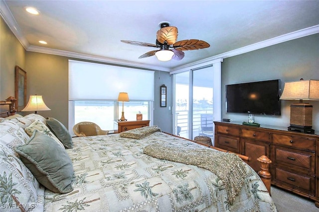 carpeted bedroom with access to exterior, ceiling fan, and crown molding