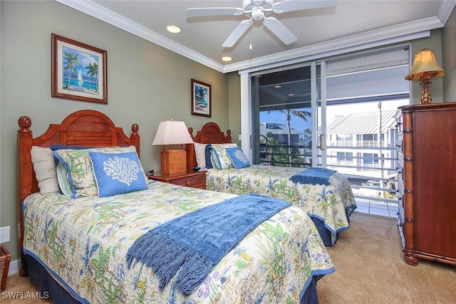 carpeted bedroom with ceiling fan, access to exterior, and ornamental molding