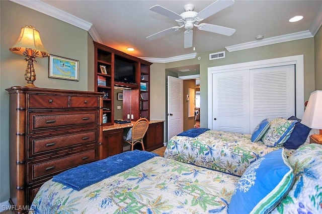 bedroom with a closet, ceiling fan, and crown molding