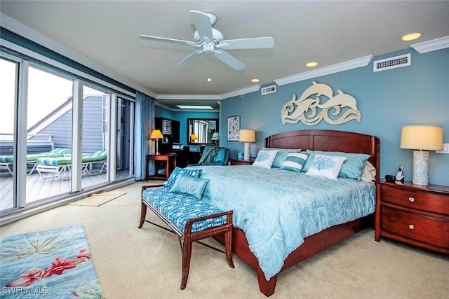 carpeted bedroom featuring ceiling fan, access to exterior, and crown molding