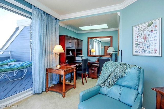 carpeted office space with a skylight and ornamental molding