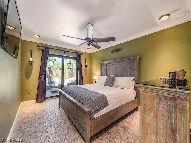 bedroom with access to outside, crown molding, and ceiling fan