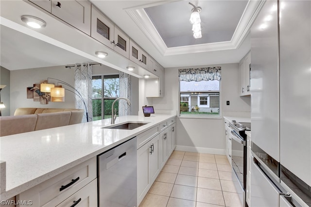 kitchen featuring white cabinetry, a healthy amount of sunlight, appliances with stainless steel finishes, sink, and a raised ceiling