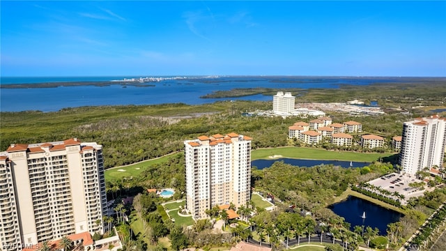 drone / aerial view with a water view