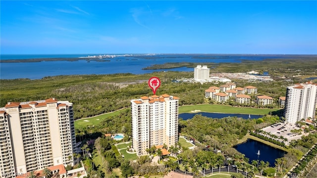 bird's eye view with a water view