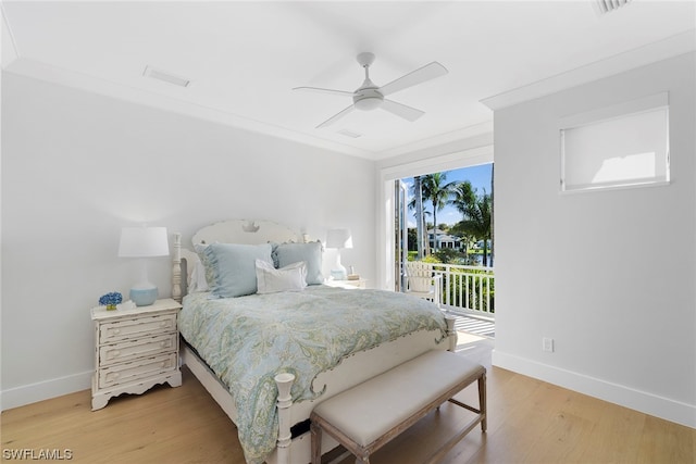 bedroom featuring ornamental molding, access to outside, light hardwood / wood-style floors, and ceiling fan