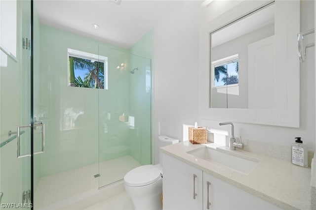 bathroom with toilet, walk in shower, and vanity