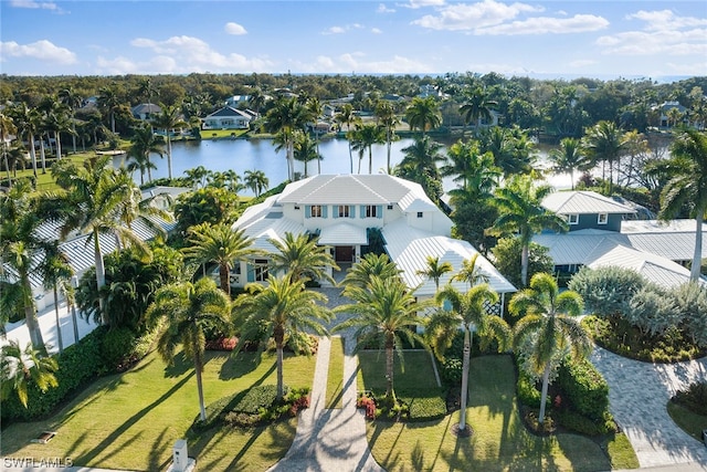 drone / aerial view with a water view