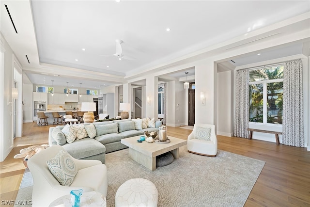 living room with a tray ceiling, ceiling fan, and light hardwood / wood-style flooring