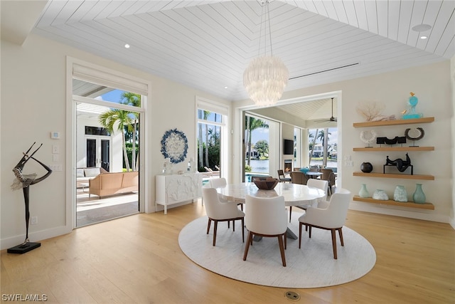 dining space featuring wooden ceiling, a healthy amount of sunlight, and light wood-type flooring