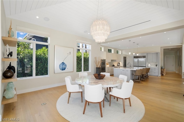 dining area with wood ceiling, sink, a chandelier, and light wood-type flooring