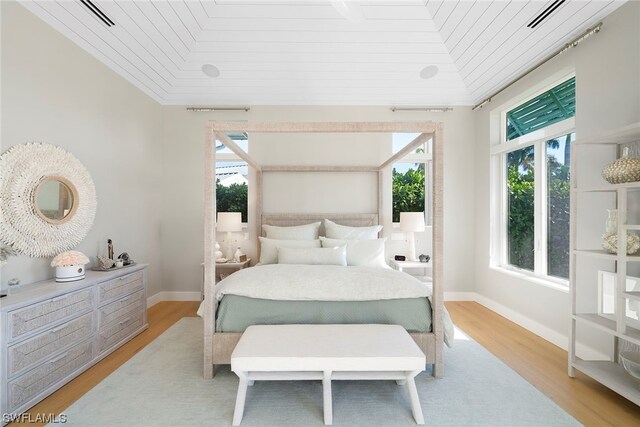 bedroom featuring wooden ceiling and light wood-type flooring