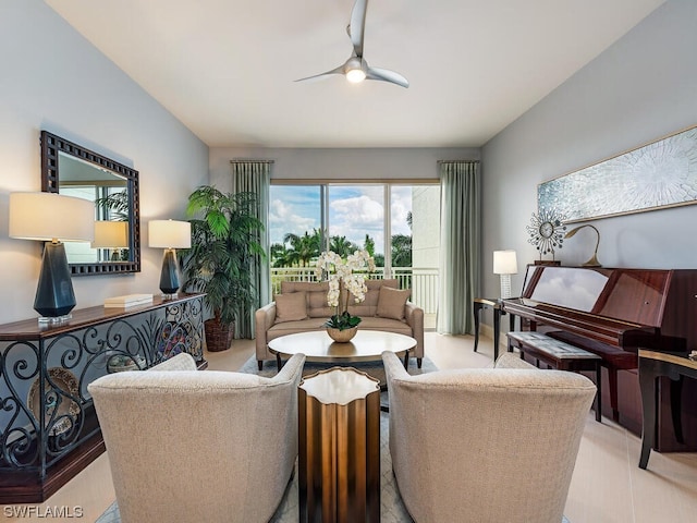 living room featuring ceiling fan