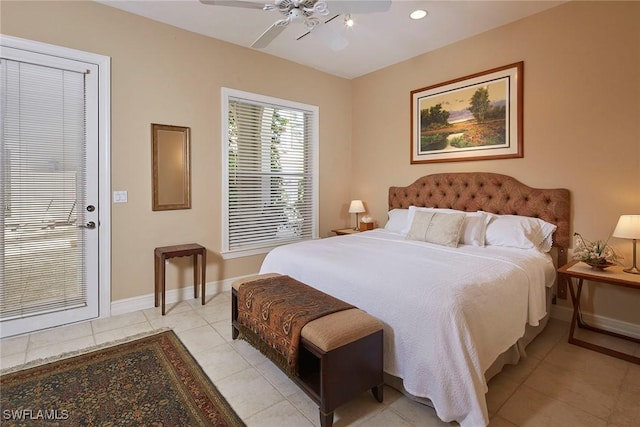 bedroom featuring light tile patterned floors, ceiling fan, baseboards, and recessed lighting