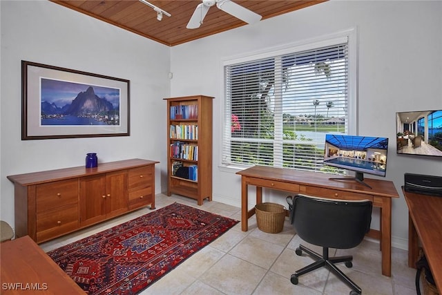 office with wooden ceiling, light tile patterned floors, and a ceiling fan