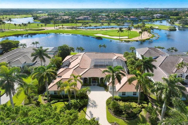 bird's eye view with a water view