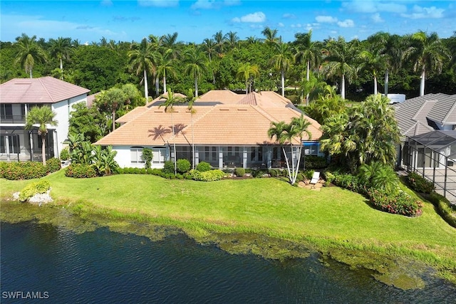 aerial view featuring a water view