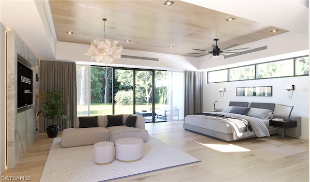 bedroom featuring a notable chandelier, wood ceiling, and light hardwood / wood-style floors